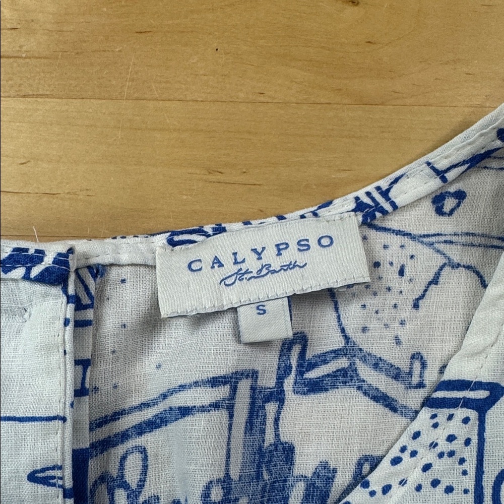 Calypso St Barth Cropped Linen Blend Button Back Tank Top Size S Blue White - Picture 3 of 7